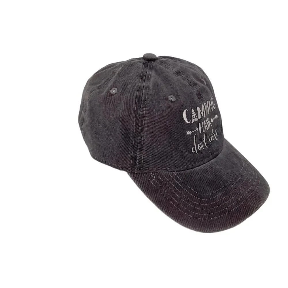 Camping Baseball Hat Cap Camping Hair Dont Care Womens One Size Gray Casual Hat